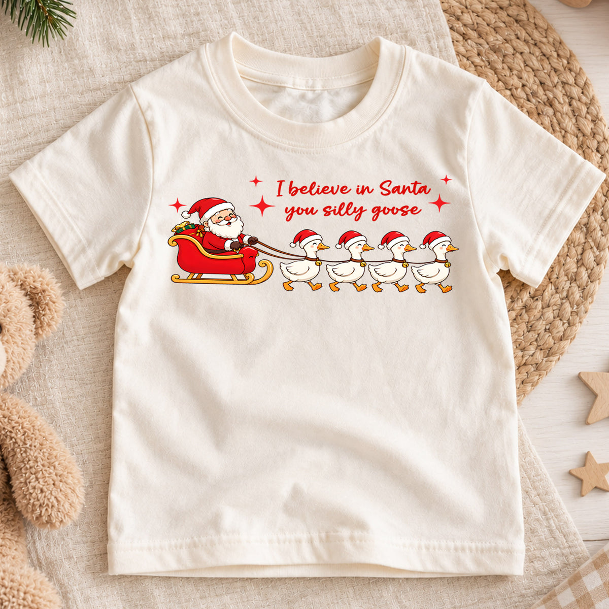 I Believe In Santa You Silly Goose Shirt, Santa Sleigh Ducks Kids T-Shirt, Goose Sled Team Toddler Tee, Funny Holiday Graphic Top, Xmas Gift — product view 1