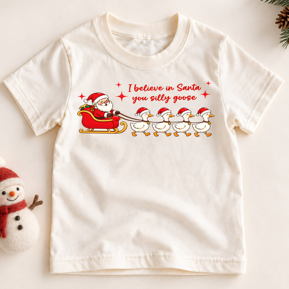 I Believe In Santa You Silly Goose Shirt, Santa Sleigh Ducks Kids T-Shirt, Goose Sled Team Toddler Tee, Funny Holiday Graphic Top, Xmas Gift — product view 2