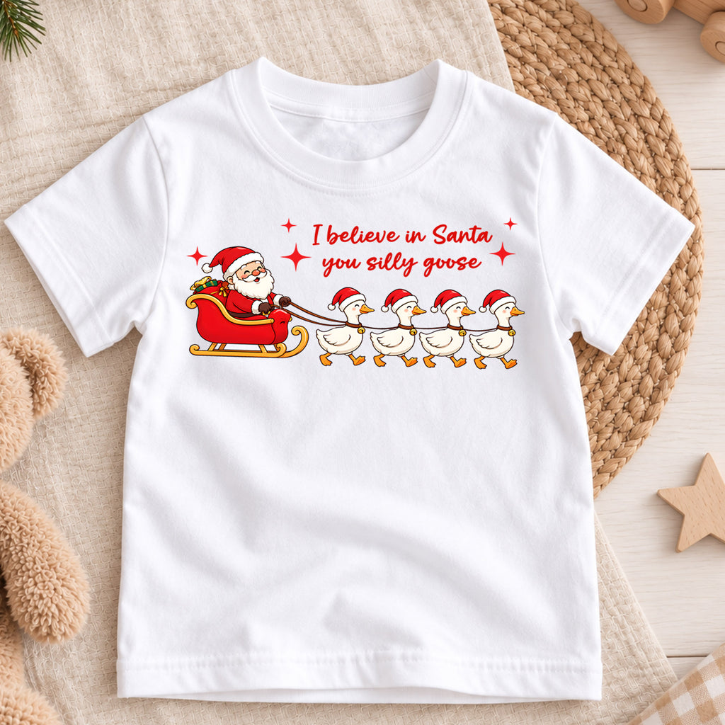 I Believe In Santa You Silly Goose Shirt, Santa Sleigh Ducks Kids T-Shirt, Goose Sled Team Toddler Tee, Funny Holiday Graphic Top, Xmas Gift — product view 3