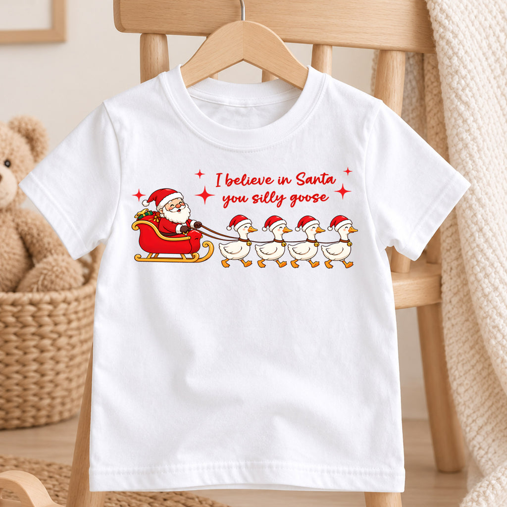 I Believe In Santa You Silly Goose Shirt, Santa Sleigh Ducks Kids T-Shirt, Goose Sled Team Toddler Tee, Funny Holiday Graphic Top, Xmas Gift — product view 4