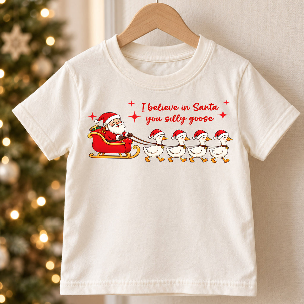 I Believe In Santa You Silly Goose Shirt, Santa Sleigh Ducks Kids T-Shirt, Goose Sled Team Toddler Tee, Funny Holiday Graphic Top, Xmas Gift — product view 5