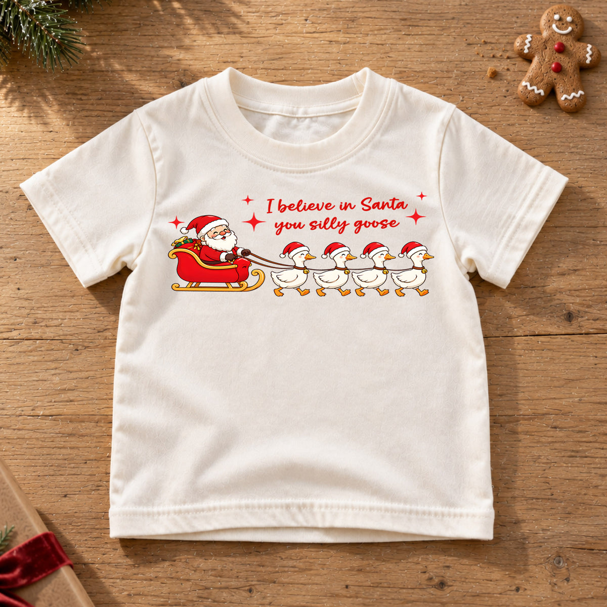 I Believe In Santa You Silly Goose Shirt, Santa Sleigh Ducks Kids T-Shirt, Goose Sled Team Toddler Tee, Funny Holiday Graphic Top, Xmas Gift — product view 6