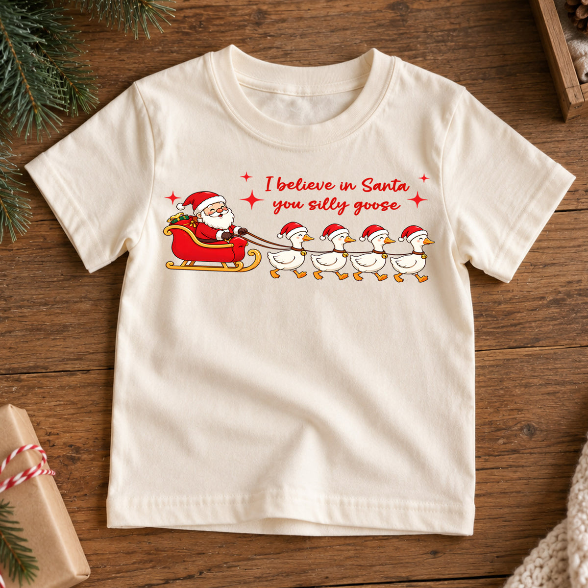 I Believe In Santa You Silly Goose Shirt, Santa Sleigh Ducks Kids T-Shirt, Goose Sled Team Toddler Tee, Funny Holiday Graphic Top, Xmas Gift — product view 7