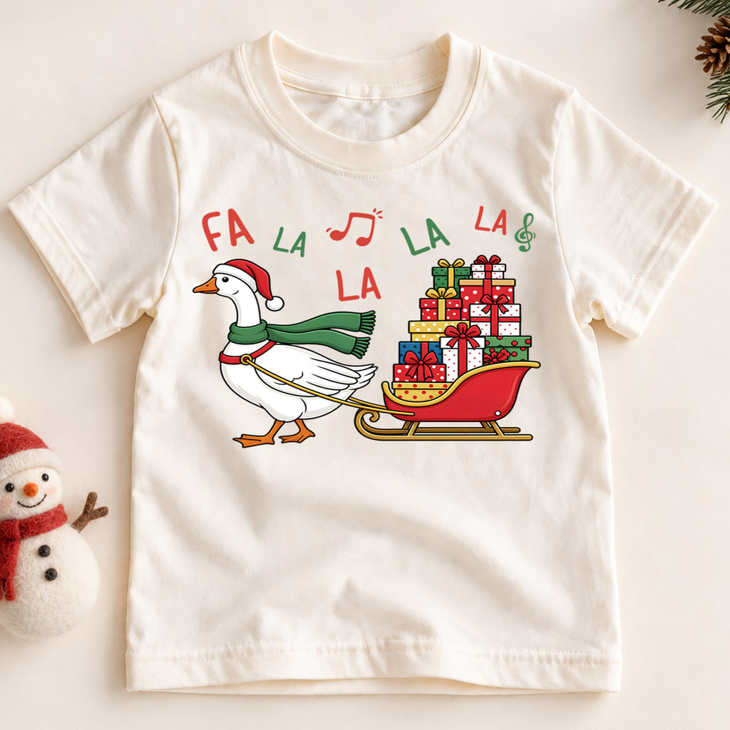 Fa La La Goose Sleigh Shirt, Cute Christmas Duck Kids T-Shirt, Sled Full Of Presents Toddler Tee, Holiday Graphic Top, Xmas Kids Gift — product view 2