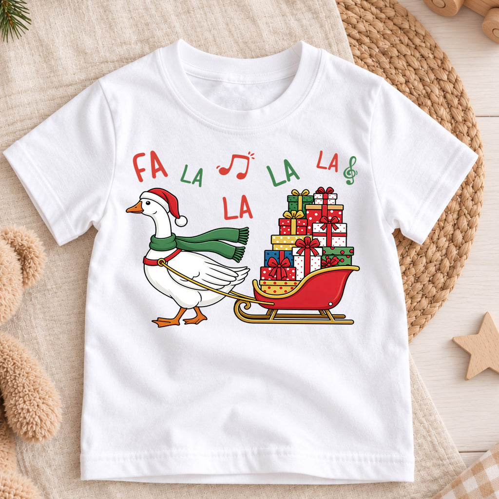 Fa La La Goose Sleigh Shirt, Cute Christmas Duck Kids T-Shirt, Sled Full Of Presents Toddler Tee, Holiday Graphic Top, Xmas Kids Gift — product view 3