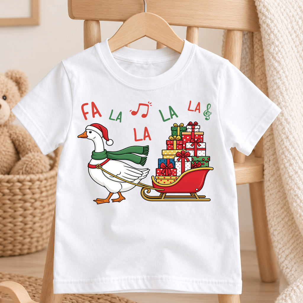 Fa La La Goose Sleigh Shirt, Cute Christmas Duck Kids T-Shirt, Sled Full Of Presents Toddler Tee, Holiday Graphic Top, Xmas Kids Gift — product view 4