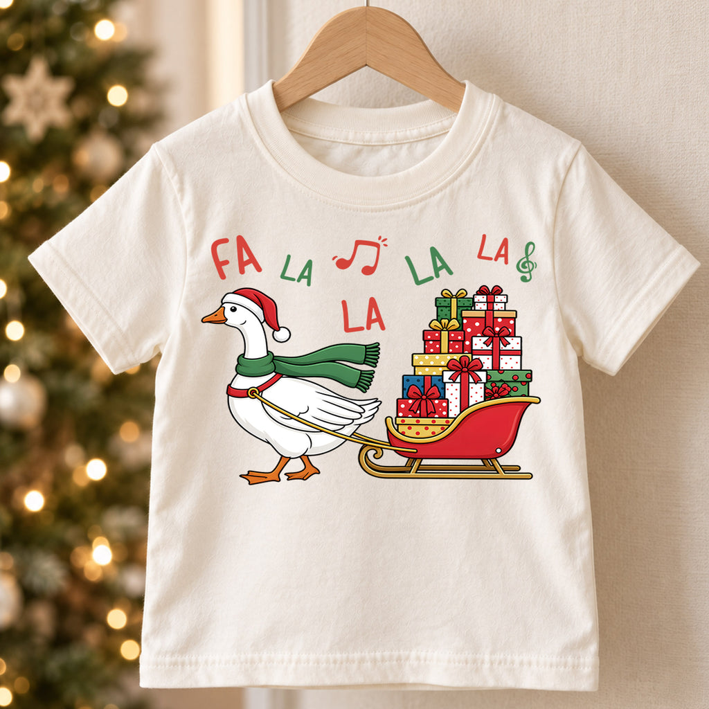 Fa La La Goose Sleigh Shirt, Cute Christmas Duck Kids T-Shirt, Sled Full Of Presents Toddler Tee, Holiday Graphic Top, Xmas Kids Gift — product view 5