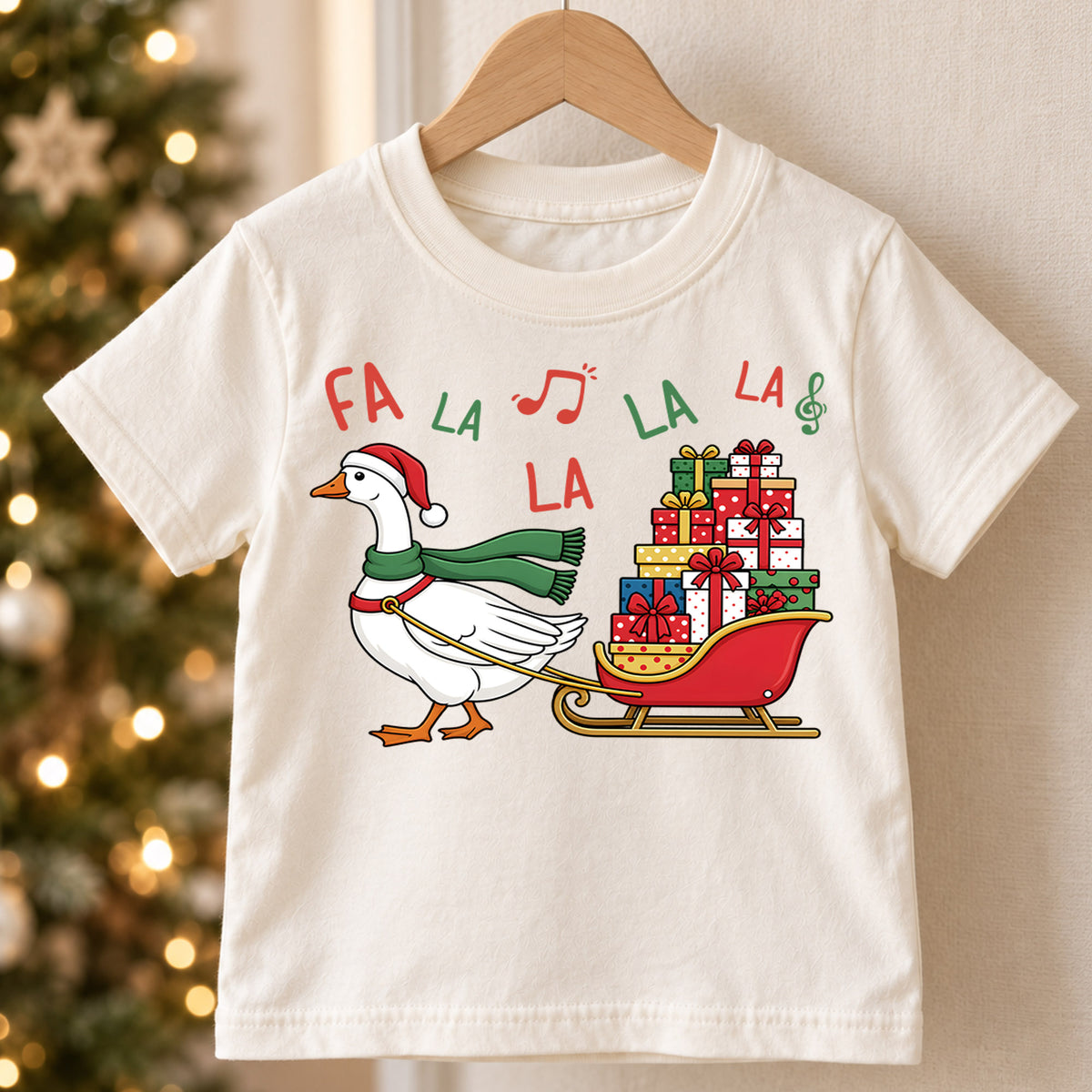 Fa La La Goose Sleigh Shirt, Cute Christmas Duck Kids T-Shirt, Sled Full Of Presents Toddler Tee, Holiday Graphic Top, Xmas Kids Gift — product view 5
