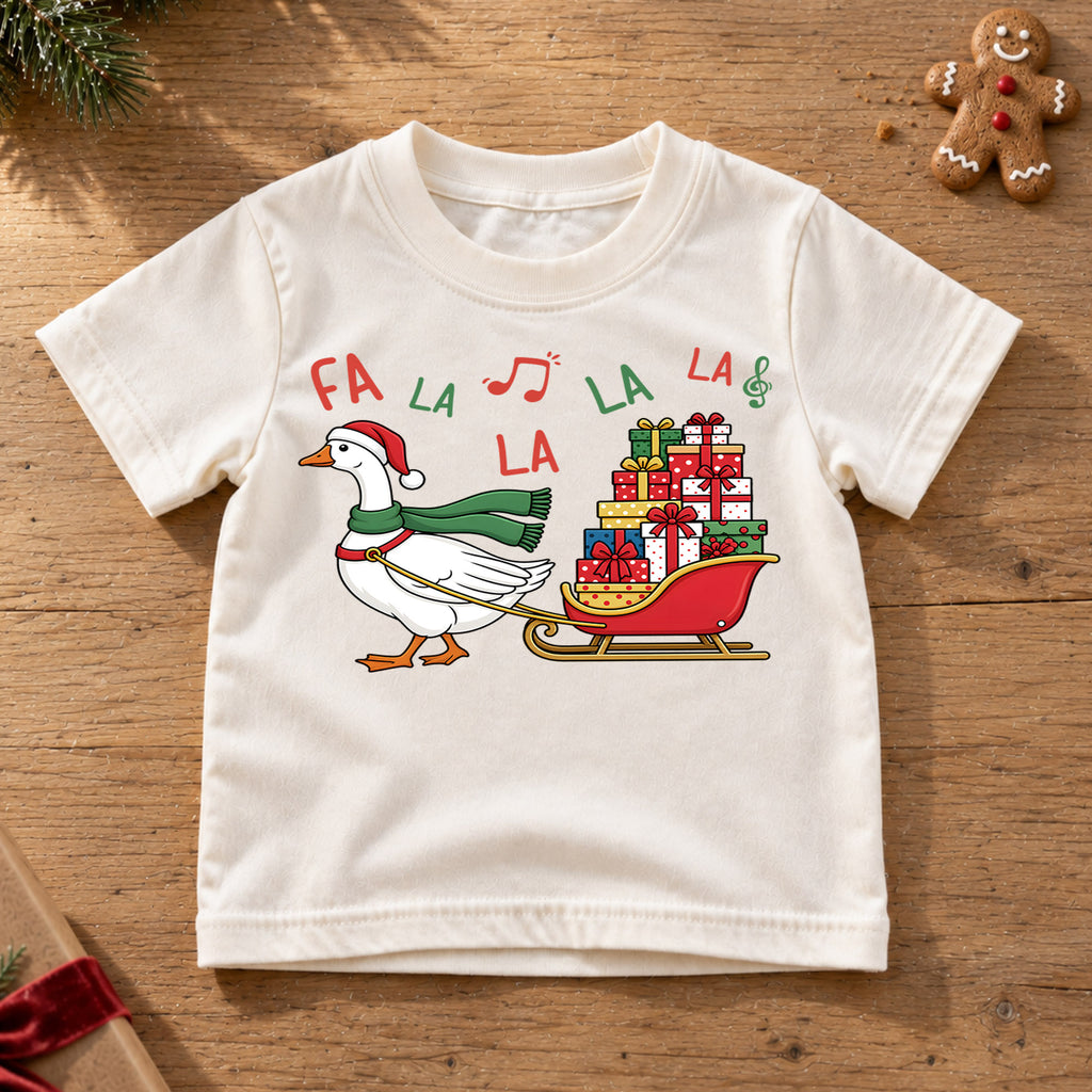 Fa La La Goose Sleigh Shirt, Cute Christmas Duck Kids T-Shirt, Sled Full Of Presents Toddler Tee, Holiday Graphic Top, Xmas Kids Gift — product view 6