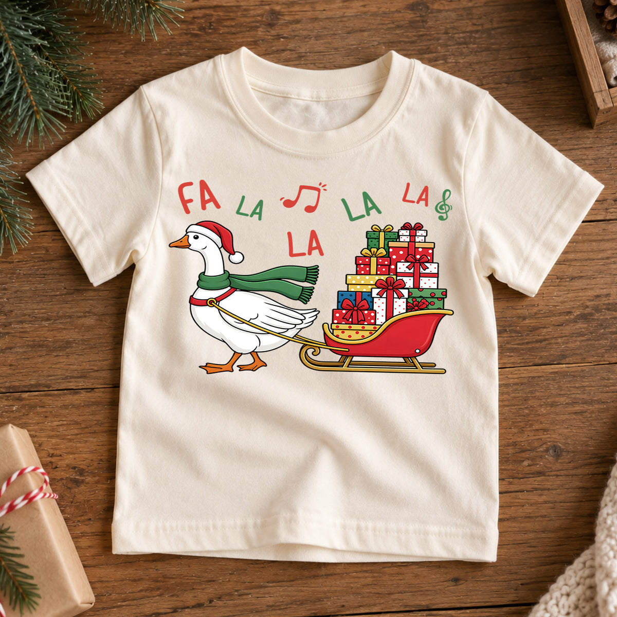 Fa La La Goose Sleigh Shirt, Cute Christmas Duck Kids T-Shirt, Sled Full Of Presents Toddler Tee, Holiday Graphic Top, Xmas Kids Gift — product view 7