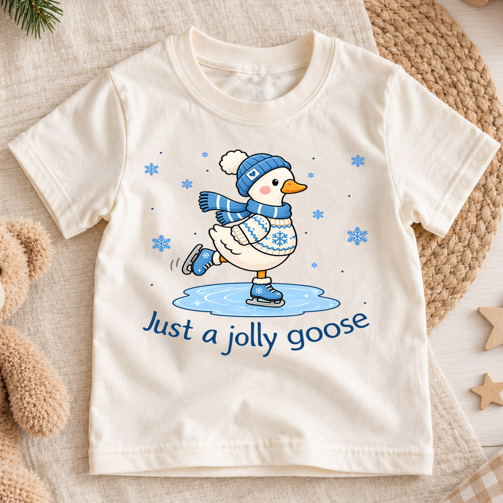Just A Jolly Goose Shirt, Cute Ice Skating Duck Kids T-Shirt, Winter Snow Toddler Tee, Beanie Scarf Goose Graphic Top, Holiday Kids Gift — product view 1