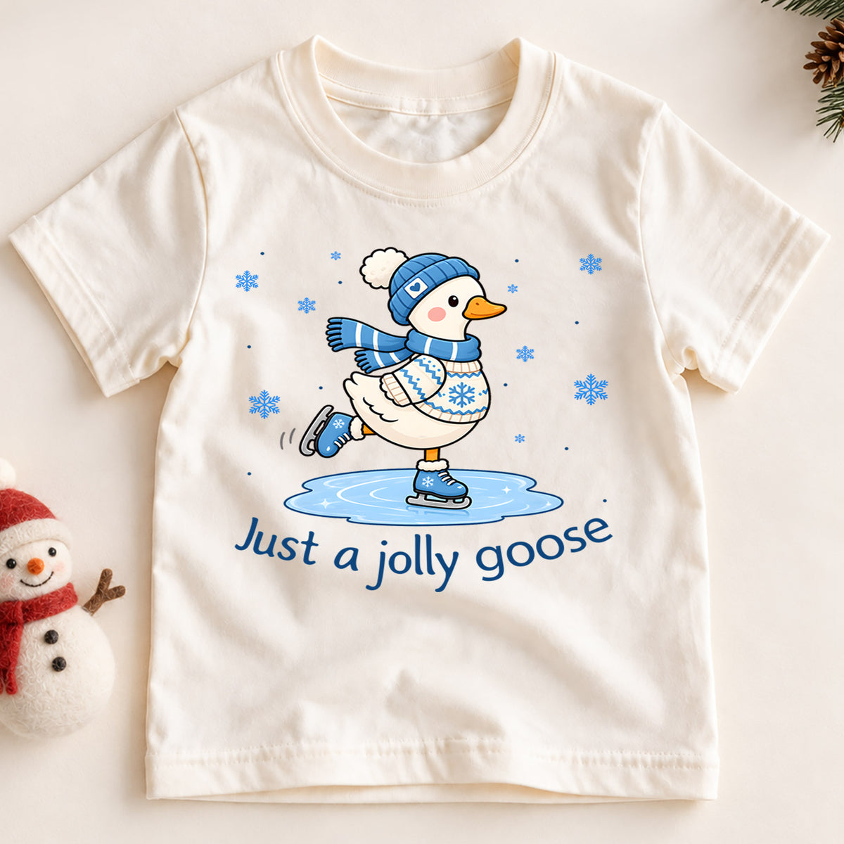 Just A Jolly Goose Shirt, Cute Ice Skating Duck Kids T-Shirt, Winter Snow Toddler Tee, Beanie Scarf Goose Graphic Top, Holiday Kids Gift — product view 2