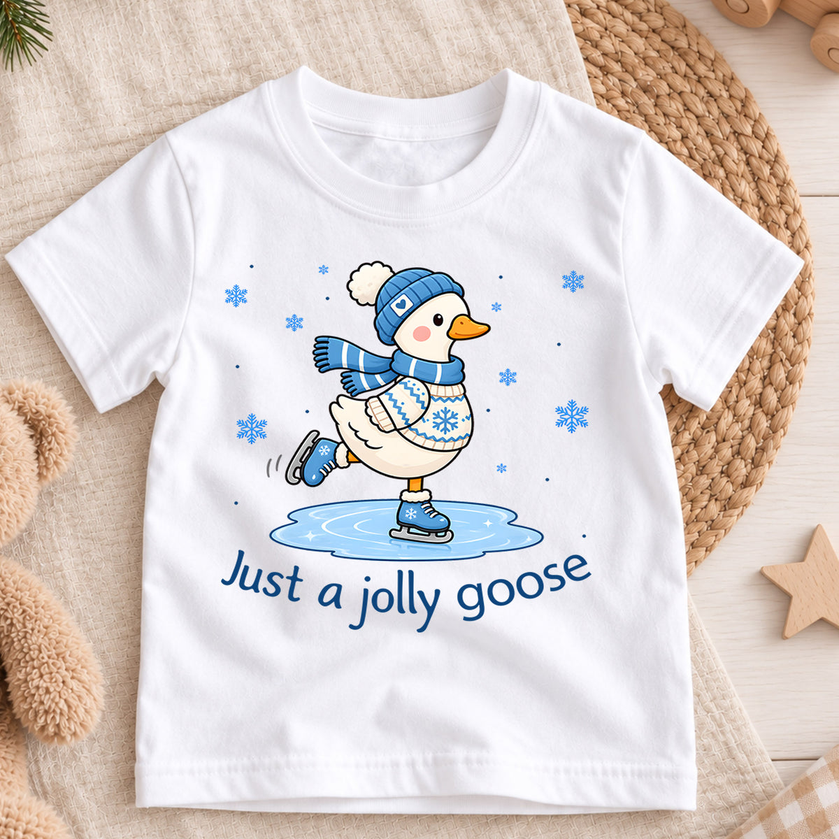 Just A Jolly Goose Shirt, Cute Ice Skating Duck Kids T-Shirt, Winter Snow Toddler Tee, Beanie Scarf Goose Graphic Top, Holiday Kids Gift — product view 3