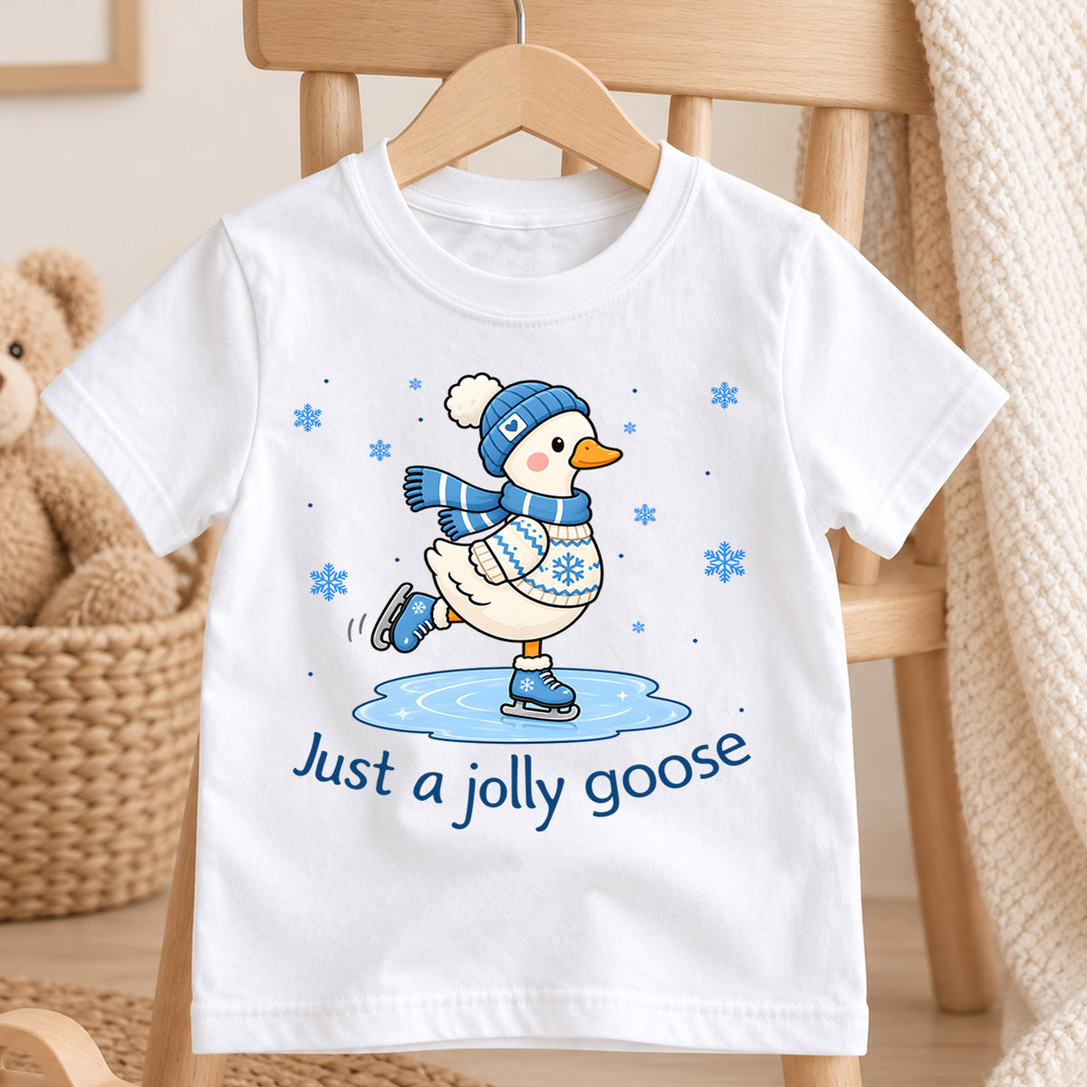 Just A Jolly Goose Shirt, Cute Ice Skating Duck Kids T-Shirt, Winter Snow Toddler Tee, Beanie Scarf Goose Graphic Top, Holiday Kids Gift — product view 4