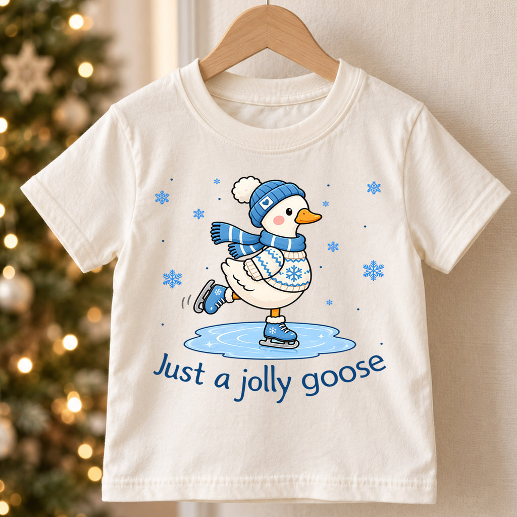 Just A Jolly Goose Shirt, Cute Ice Skating Duck Kids T-Shirt, Winter Snow Toddler Tee, Beanie Scarf Goose Graphic Top, Holiday Kids Gift — product view 5