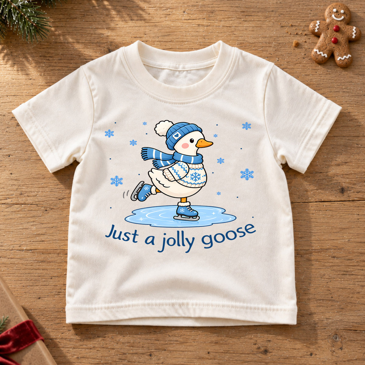 Just A Jolly Goose Shirt, Cute Ice Skating Duck Kids T-Shirt, Winter Snow Toddler Tee, Beanie Scarf Goose Graphic Top, Holiday Kids Gift — product view 6