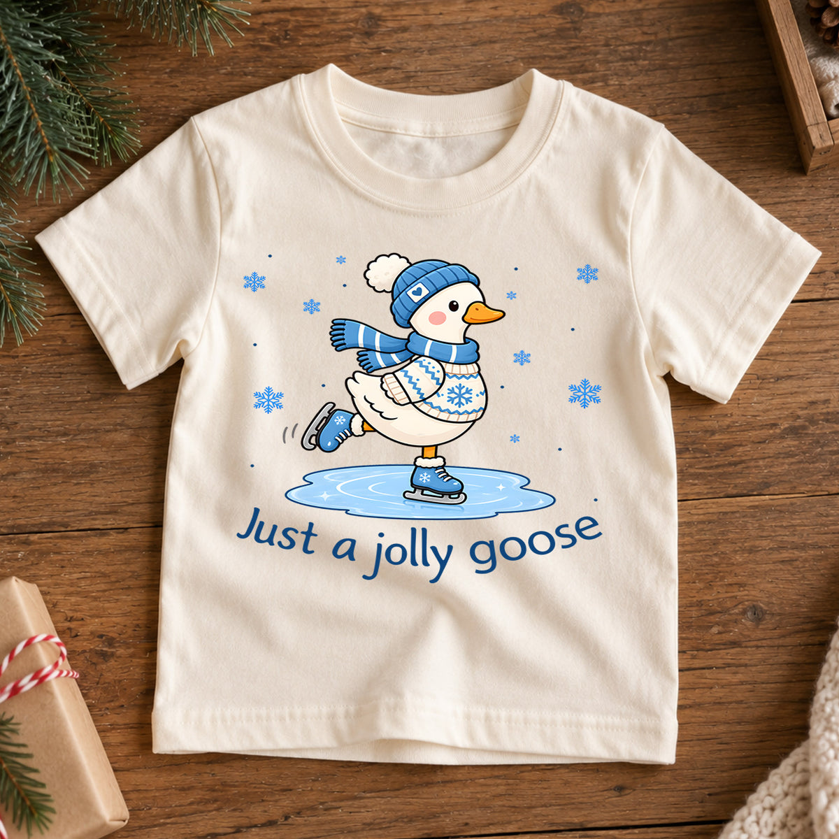 Just A Jolly Goose Shirt, Cute Ice Skating Duck Kids T-Shirt, Winter Snow Toddler Tee, Beanie Scarf Goose Graphic Top, Holiday Kids Gift — product view 7