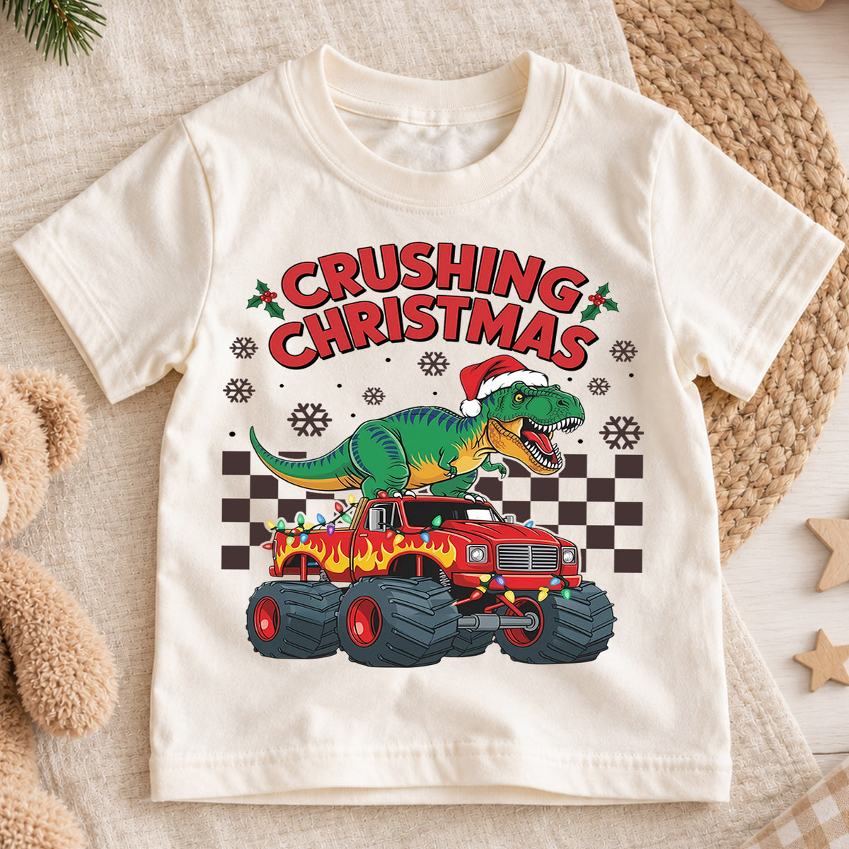 Crushing Christmas T-Rex Monster Truck Shirt, Dinosaur Holiday Kids Tee, Fun Festive Winter Graphic Top, Christmas Gift for Little Boys — product view 1
