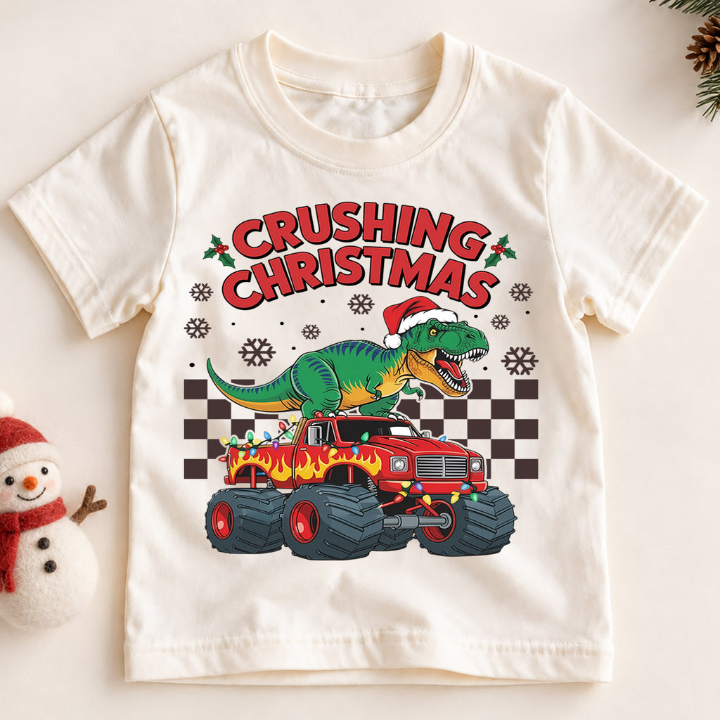 Crushing Christmas T-Rex Monster Truck Shirt, Dinosaur Holiday Kids Tee, Fun Festive Winter Graphic Top, Christmas Gift for Little Boys — product view 2