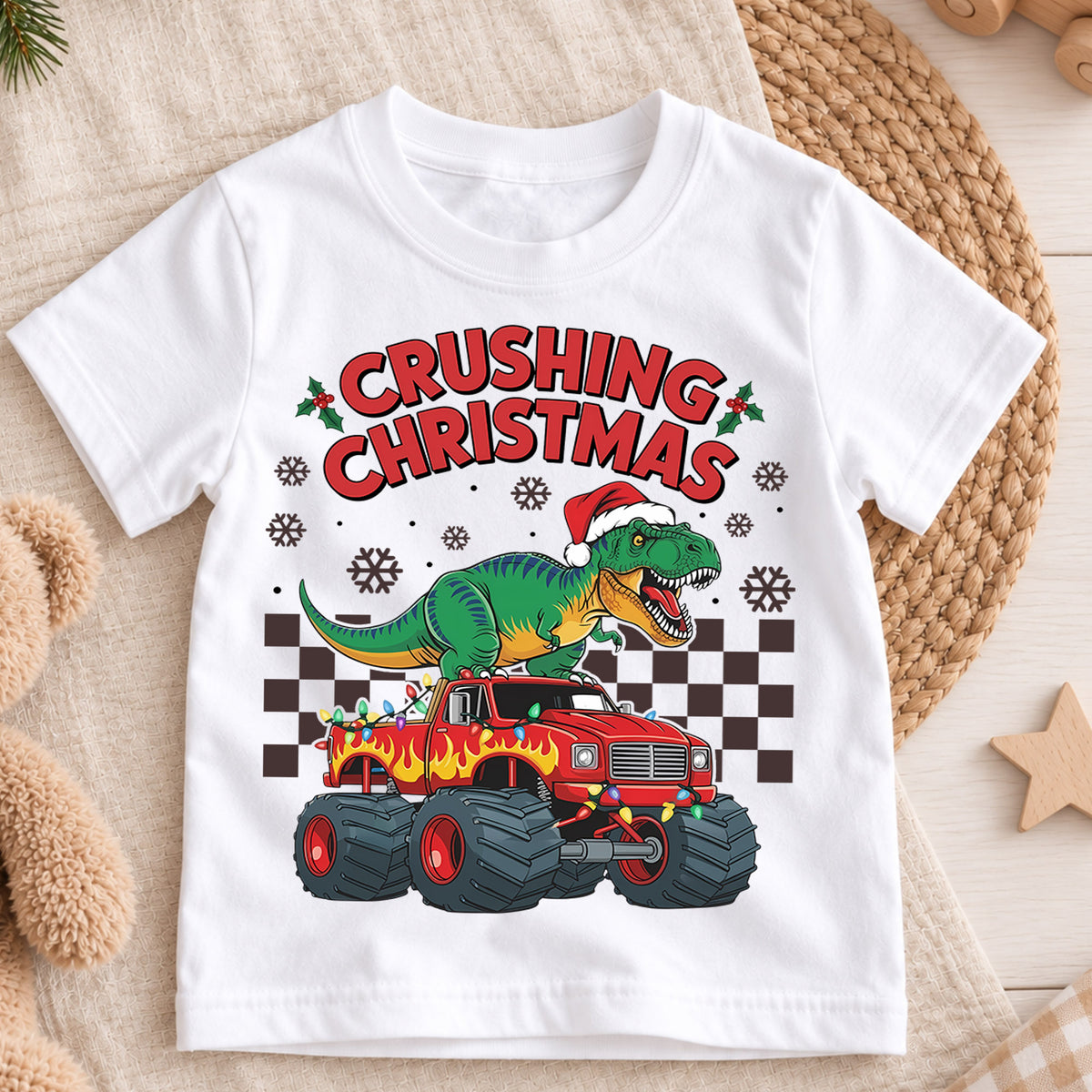 Crushing Christmas T-Rex Monster Truck Shirt, Dinosaur Holiday Kids Tee, Fun Festive Winter Graphic Top, Christmas Gift for Little Boys — product view 3