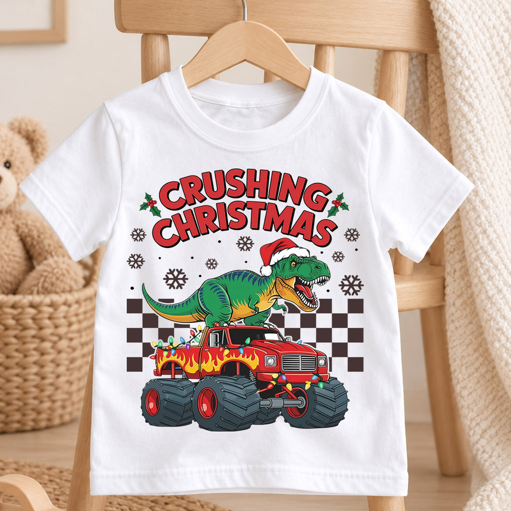 Crushing Christmas T-Rex Monster Truck Shirt, Dinosaur Holiday Kids Tee, Fun Festive Winter Graphic Top, Christmas Gift for Little Boys — product view 4