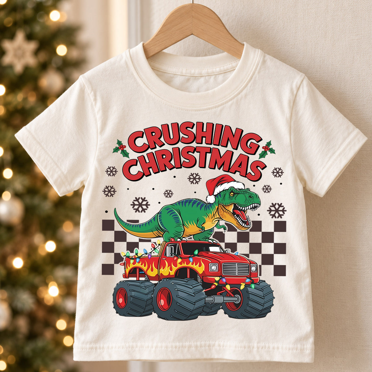Crushing Christmas T-Rex Monster Truck Shirt, Dinosaur Holiday Kids Tee, Fun Festive Winter Graphic Top, Christmas Gift for Little Boys — product view 5