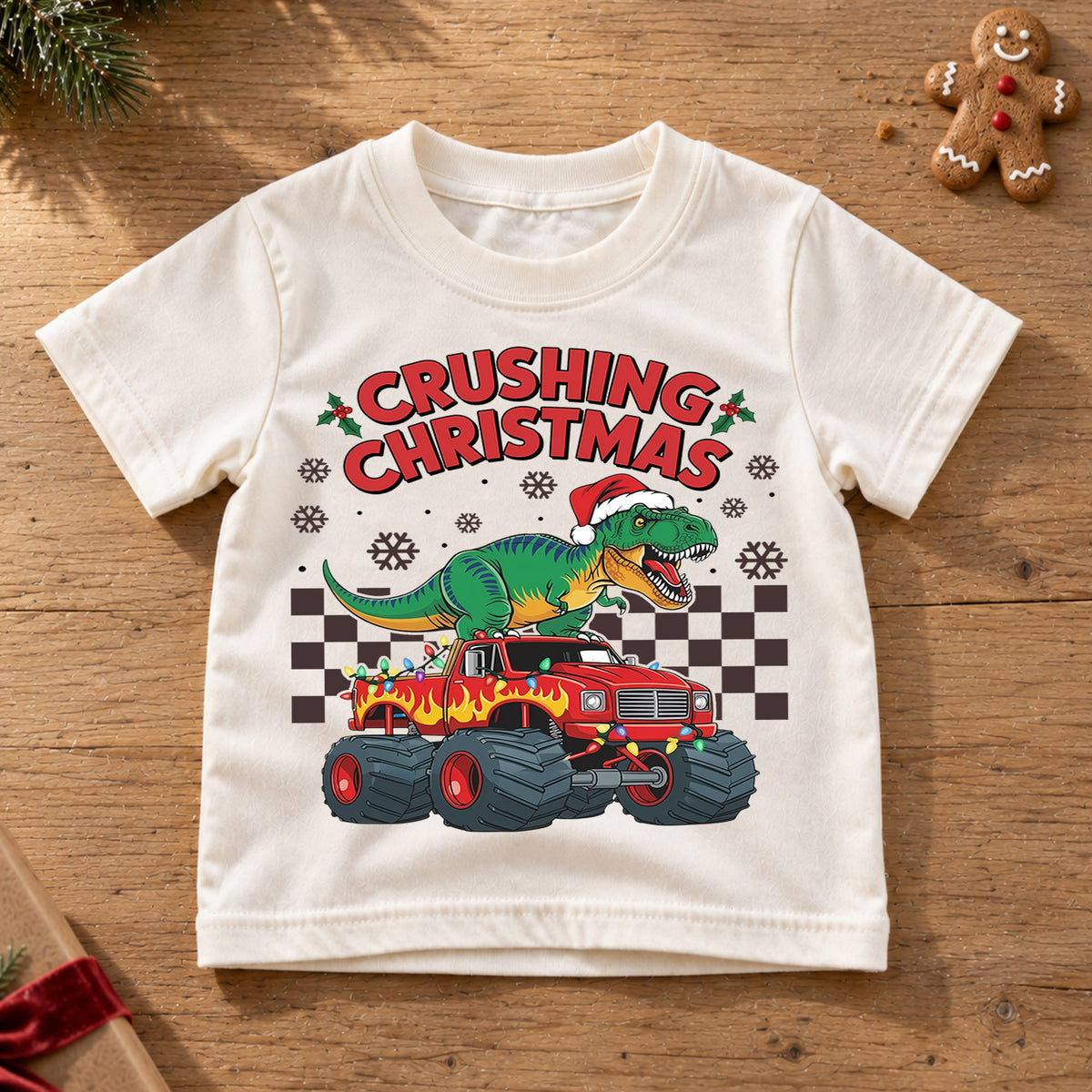 Crushing Christmas T-Rex Monster Truck Shirt, Dinosaur Holiday Kids Tee, Fun Festive Winter Graphic Top, Christmas Gift for Little Boys — product view 6