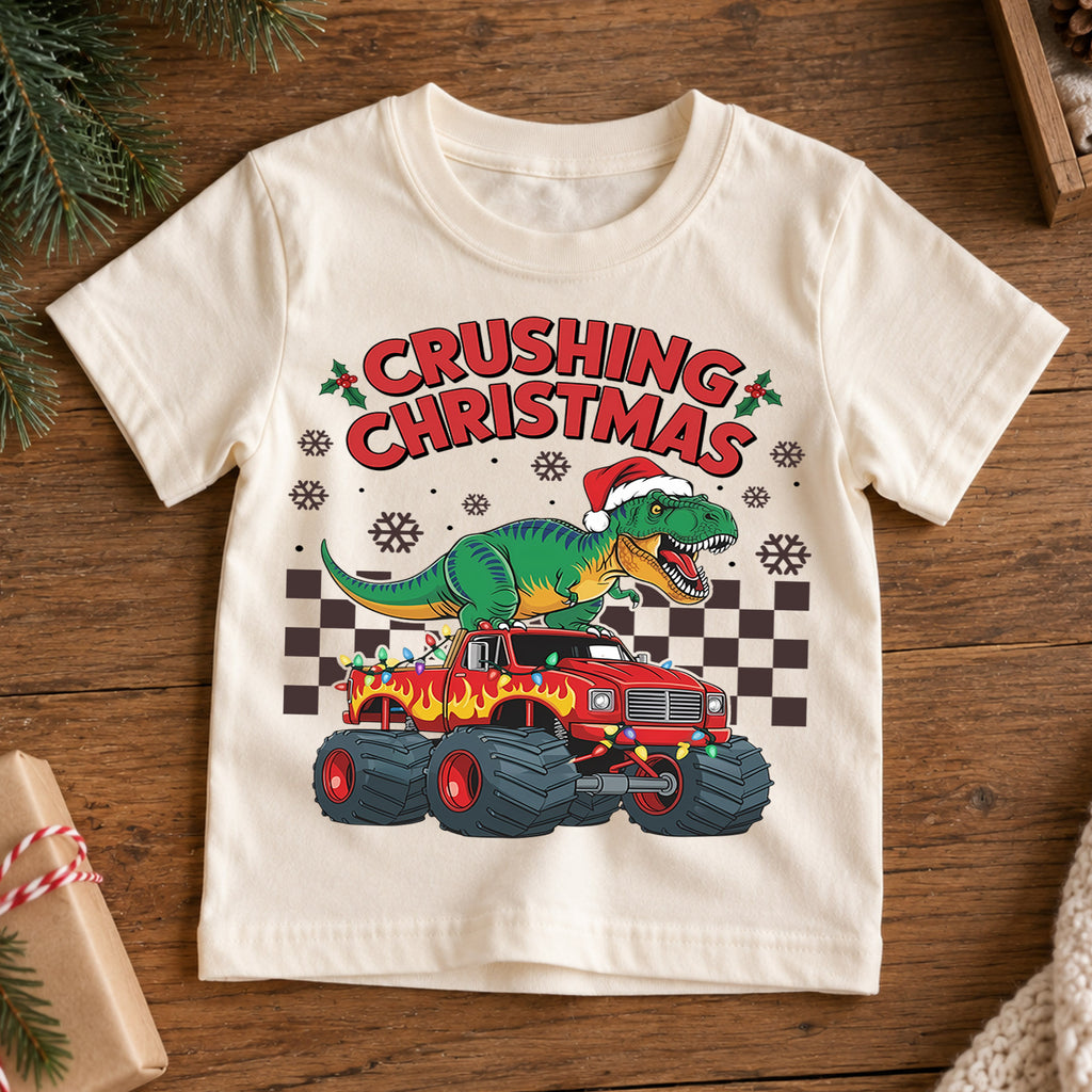 Crushing Christmas T-Rex Monster Truck Shirt, Dinosaur Holiday Kids Tee, Fun Festive Winter Graphic Top, Christmas Gift for Little Boys — product view 7
