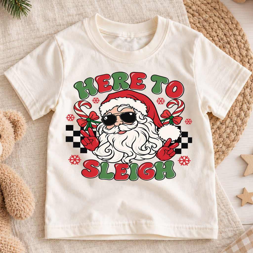 Here to Sleigh Cool Santa Christmas Shirt, Peace Sign Holiday Kids Tee, Funny Festive Winter Holiday Outfit, Christmas Gift for Kids — product view 1