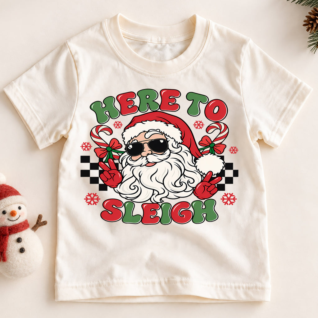 Here to Sleigh Cool Santa Christmas Shirt, Peace Sign Holiday Kids Tee, Funny Festive Winter Holiday Outfit, Christmas Gift for Kids — product view 2