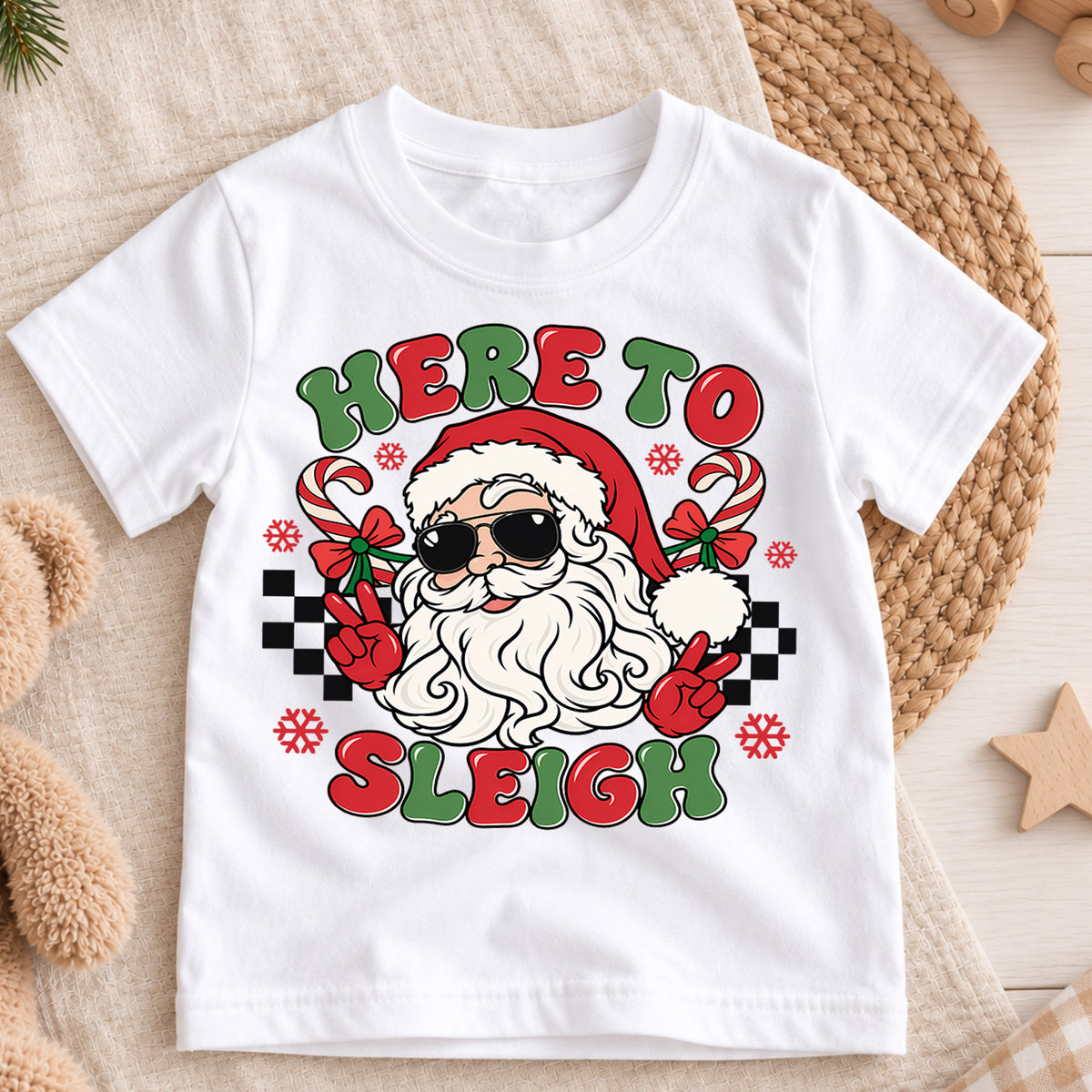 Here to Sleigh Cool Santa Christmas Shirt, Peace Sign Holiday Kids Tee, Funny Festive Winter Holiday Outfit, Christmas Gift for Kids — product view 3
