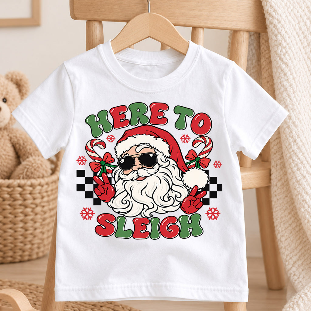 Here to Sleigh Cool Santa Christmas Shirt, Peace Sign Holiday Kids Tee, Funny Festive Winter Holiday Outfit, Christmas Gift for Kids — product view 4