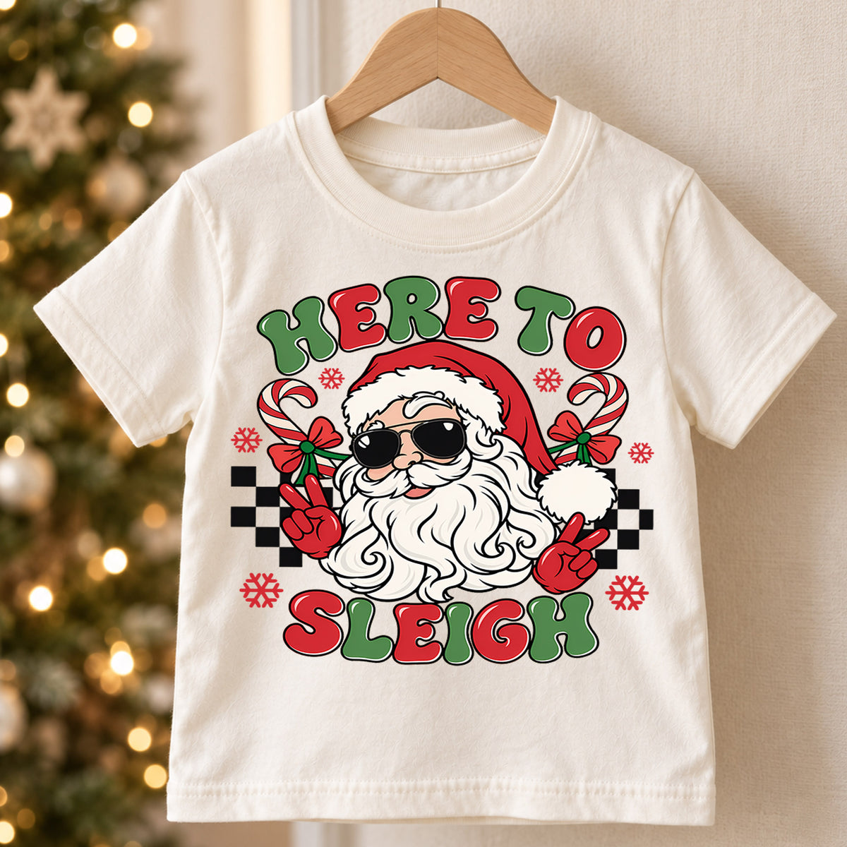 Here to Sleigh Cool Santa Christmas Shirt, Peace Sign Holiday Kids Tee, Funny Festive Winter Holiday Outfit, Christmas Gift for Kids — product view 5