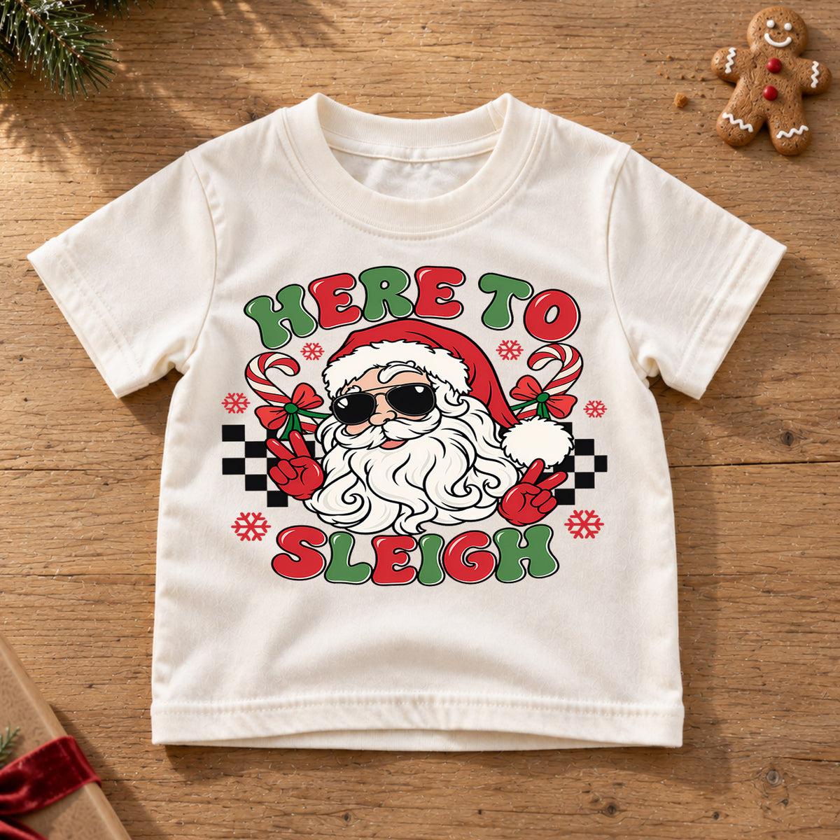Here to Sleigh Cool Santa Christmas Shirt, Peace Sign Holiday Kids Tee, Funny Festive Winter Holiday Outfit, Christmas Gift for Kids — product view 6