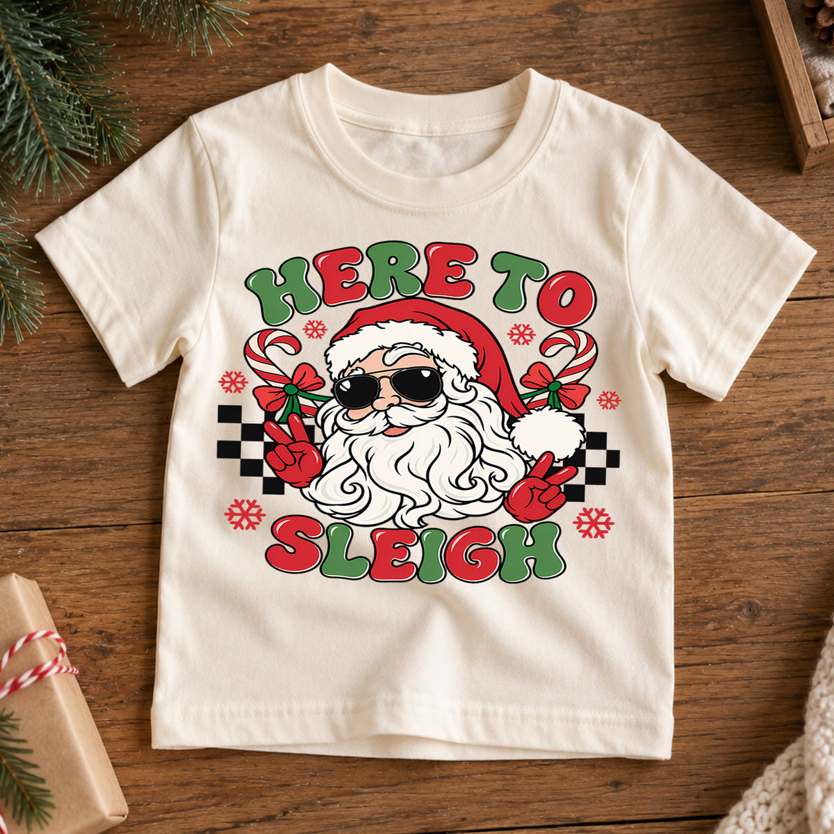 Here to Sleigh Cool Santa Christmas Shirt, Peace Sign Holiday Kids Tee, Funny Festive Winter Holiday Outfit, Christmas Gift for Kids — product view 7
