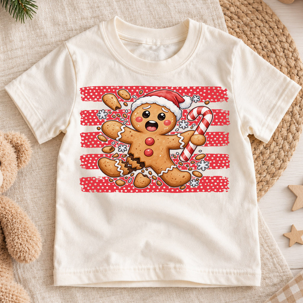 Funny Broken Gingerbread Man Christmas Shirt, Cookie Accident Holiday Tee, Festive Kids Top, Funny Gingerbread Cookie Outfit, Gift For Kids — product view 1