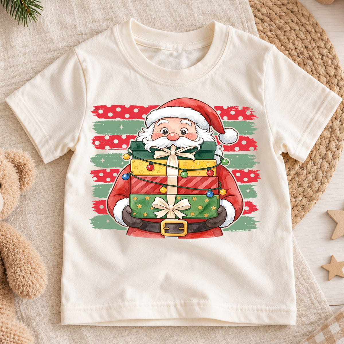 Santa Claus With Christmas Gifts Shirt, Festive Holiday Present Box Tee, Winter Kids Top, Cute Santa Christmas Outfit, Gift For Kids — product view 1