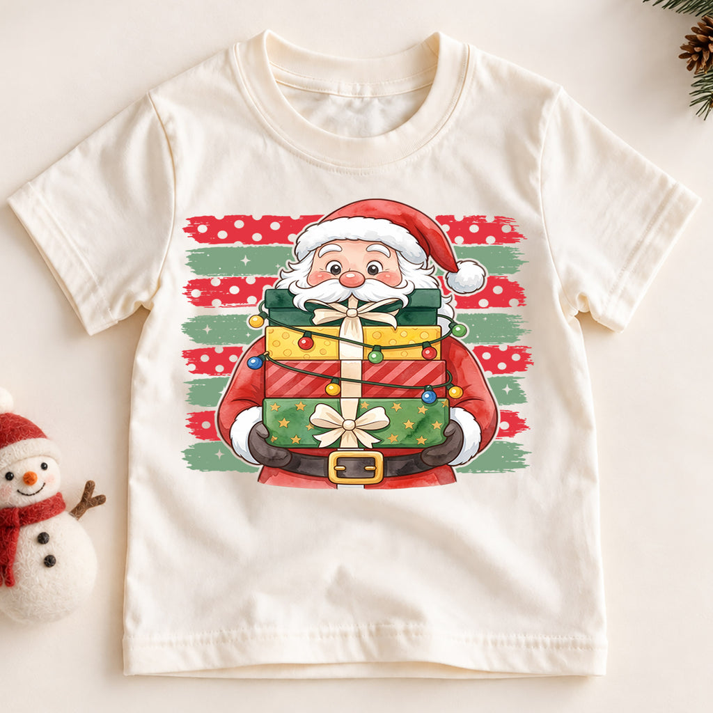Santa Claus With Christmas Gifts Shirt, Festive Holiday Present Box Tee, Winter Kids Top, Cute Santa Christmas Outfit, Gift For Kids — product view 2