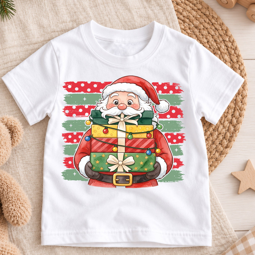 Santa Claus With Christmas Gifts Shirt, Festive Holiday Present Box Tee, Winter Kids Top, Cute Santa Christmas Outfit, Gift For Kids — product view 3