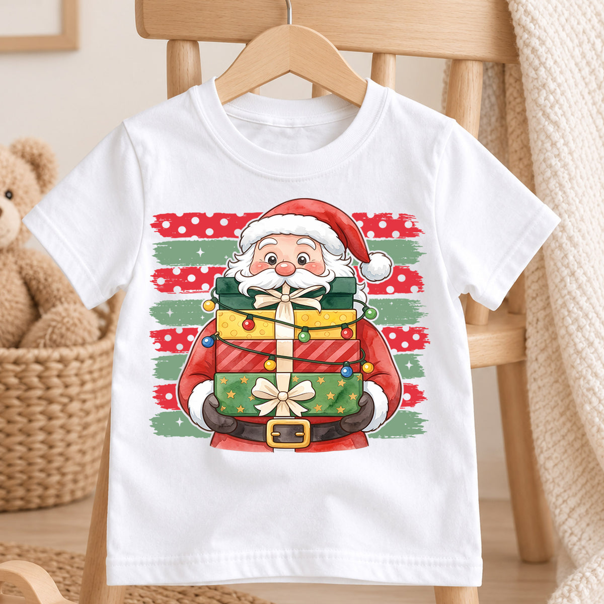 Santa Claus With Christmas Gifts Shirt, Festive Holiday Present Box Tee, Winter Kids Top, Cute Santa Christmas Outfit, Gift For Kids — product view 4