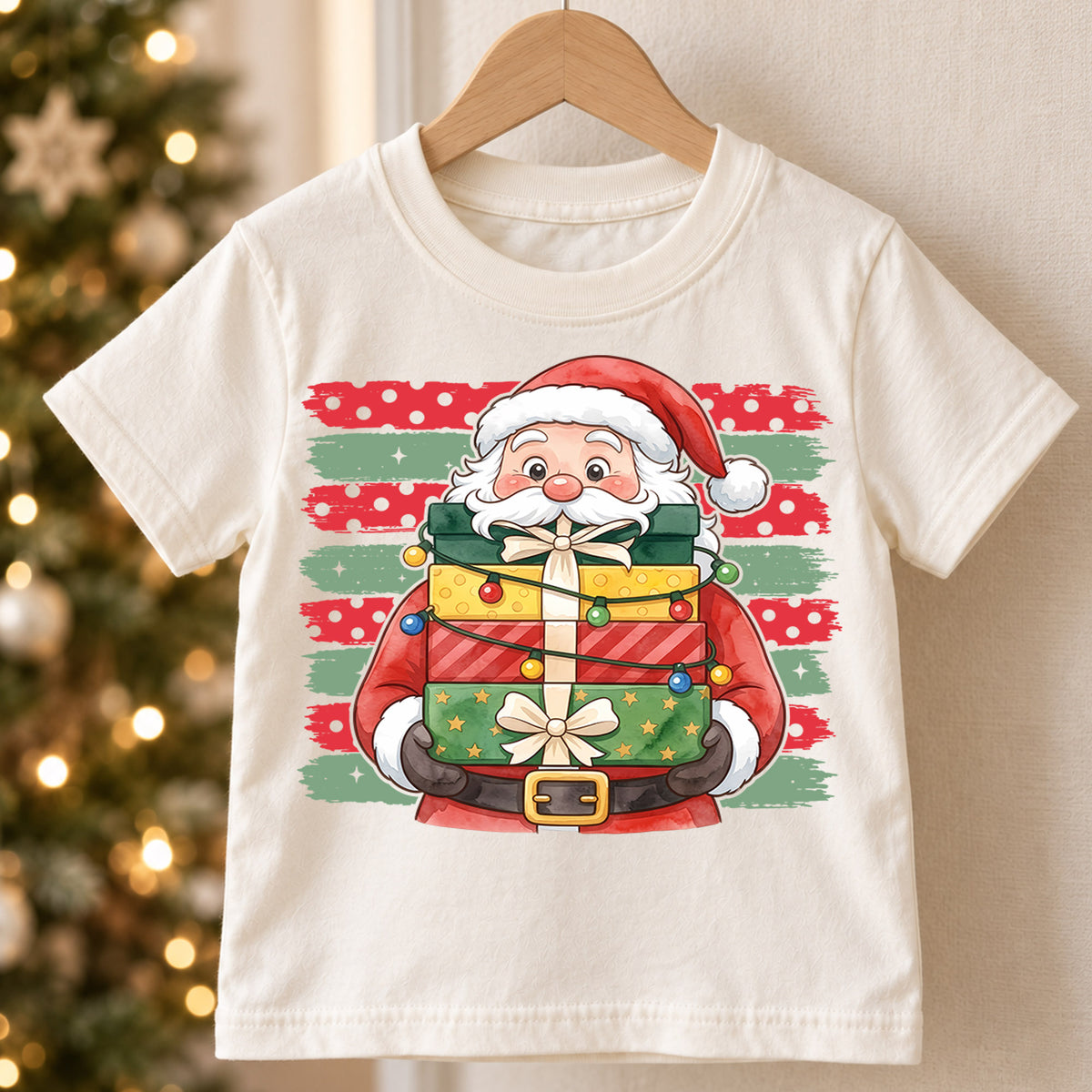Santa Claus With Christmas Gifts Shirt, Festive Holiday Present Box Tee, Winter Kids Top, Cute Santa Christmas Outfit, Gift For Kids — product view 5