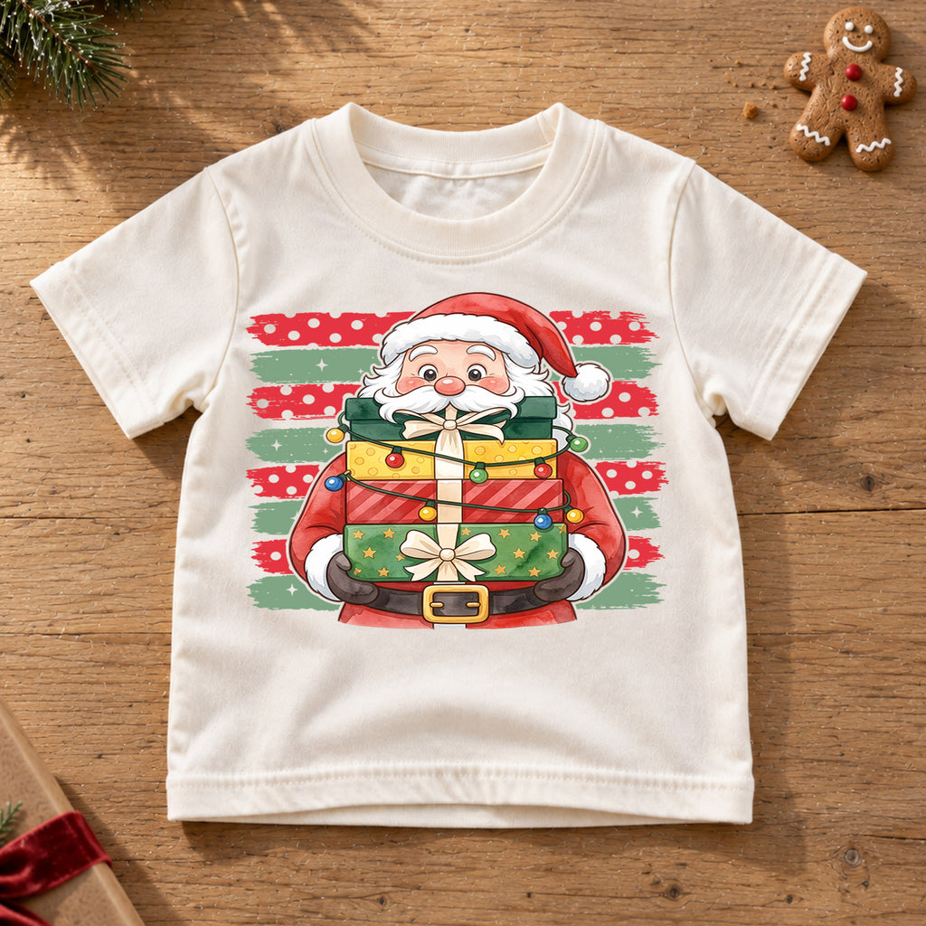 Santa Claus With Christmas Gifts Shirt, Festive Holiday Present Box Tee, Winter Kids Top, Cute Santa Christmas Outfit, Gift For Kids — product view 6