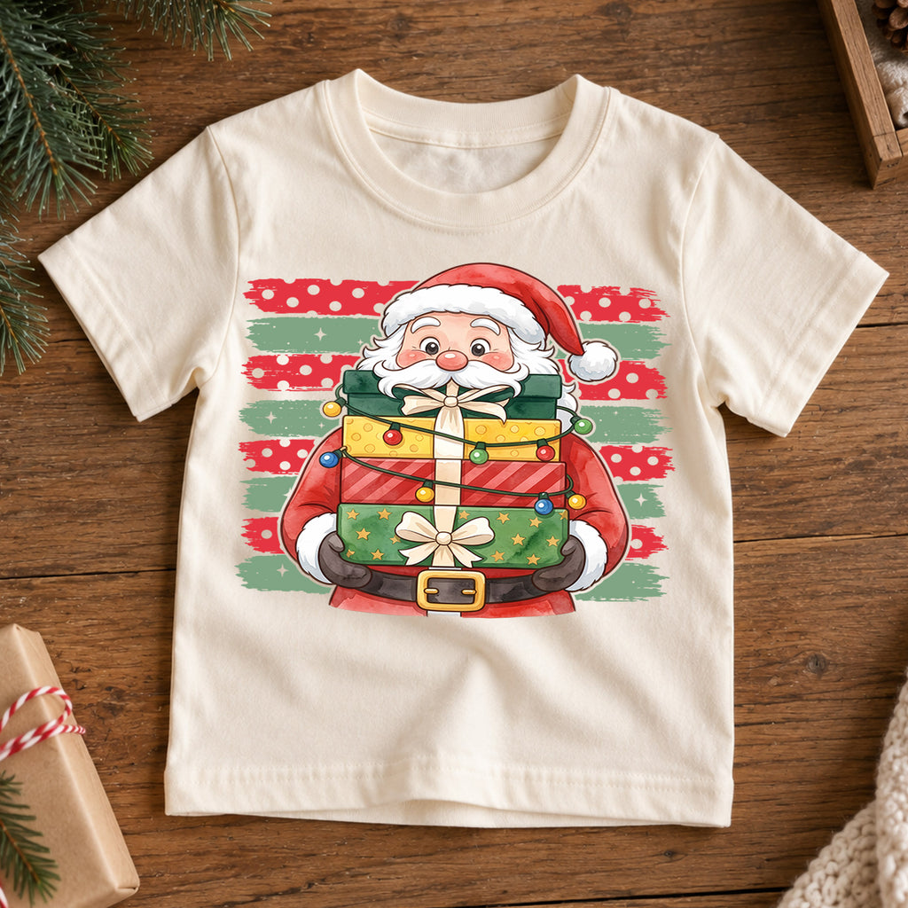 Santa Claus With Christmas Gifts Shirt, Festive Holiday Present Box Tee, Winter Kids Top, Cute Santa Christmas Outfit, Gift For Kids — product view 7