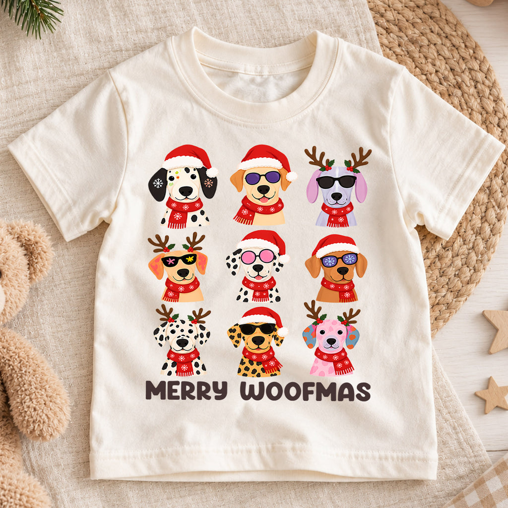 Merry Woofmas Christmas Shirt, Cute Puppy Grid Holiday Kids Tee, Festive Winter Holiday Animal Graphic, Fun Christmas Gift for Children — product view 1