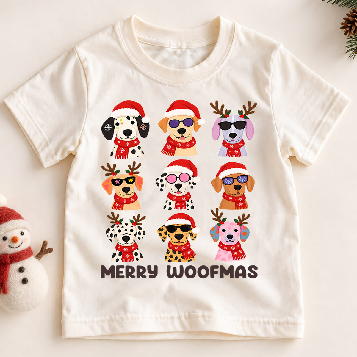 Merry Woofmas Christmas Shirt, Cute Puppy Grid Holiday Kids Tee, Festive Winter Holiday Animal Graphic, Fun Christmas Gift for Children — product view 2