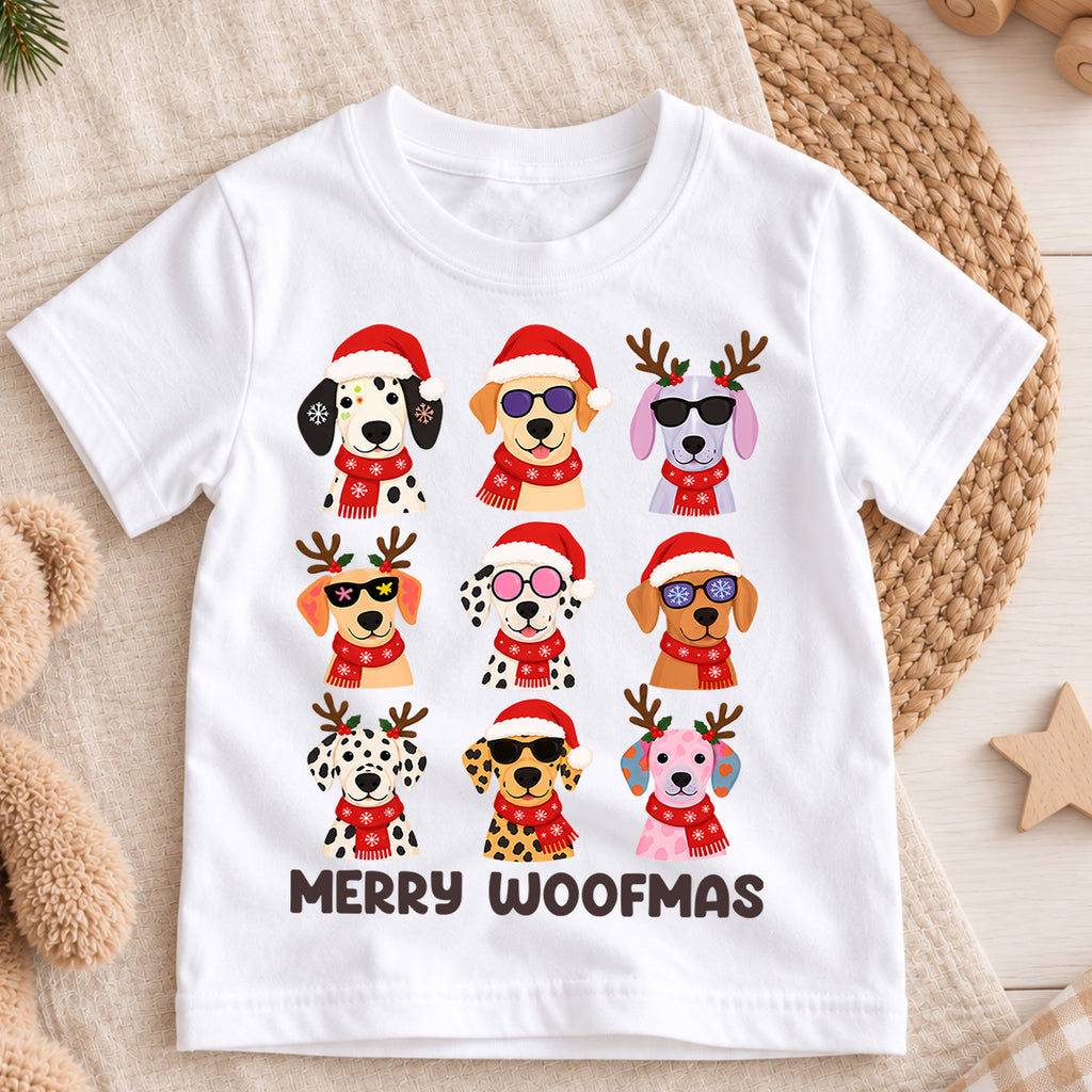Merry Woofmas Christmas Shirt, Cute Puppy Grid Holiday Kids Tee, Festive Winter Holiday Animal Graphic, Fun Christmas Gift for Children — product view 3