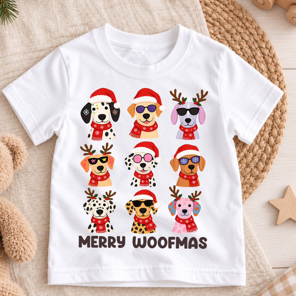 Merry Woofmas Christmas Shirt, Cute Puppy Grid Holiday Kids Tee, Festive Winter Holiday Animal Graphic, Fun Christmas Gift for Children — product view 3