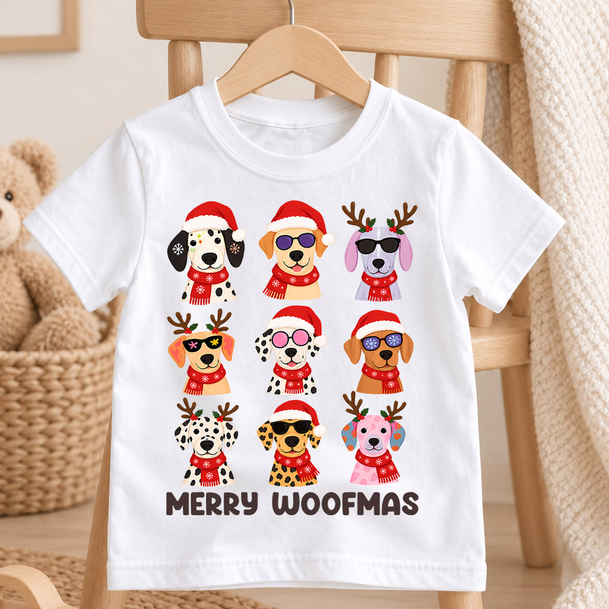 Merry Woofmas Christmas Shirt, Cute Puppy Grid Holiday Kids Tee, Festive Winter Holiday Animal Graphic, Fun Christmas Gift for Children — product view 4