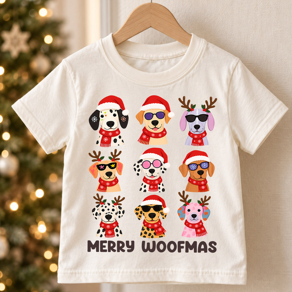Merry Woofmas Christmas Shirt, Cute Puppy Grid Holiday Kids Tee, Festive Winter Holiday Animal Graphic, Fun Christmas Gift for Children — product view 5