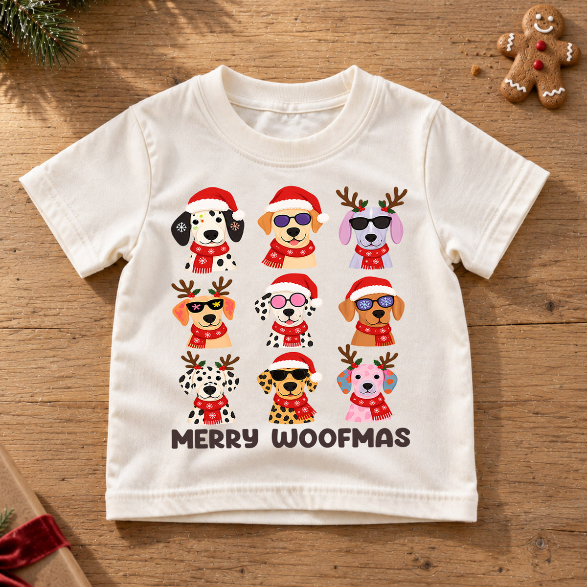 Merry Woofmas Christmas Shirt, Cute Puppy Grid Holiday Kids Tee, Festive Winter Holiday Animal Graphic, Fun Christmas Gift for Children — product view 6